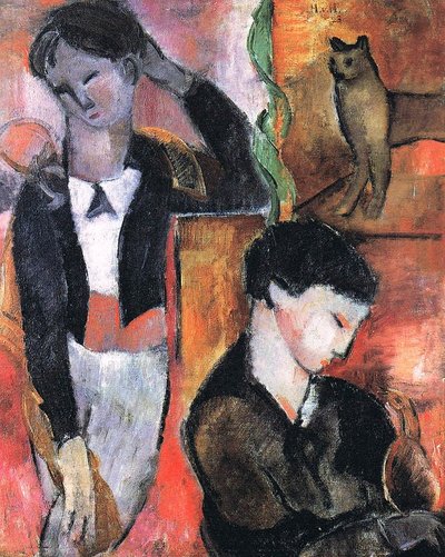 2匹の子供、猫と鳥 作： Helmut Kolle